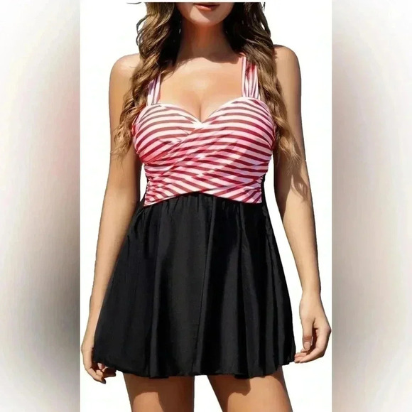 COCOPEAR Women's Elegant Crossover One Piece Swimdress striped Skirted Swimsuit - Picture 1 of 3
